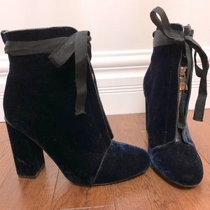 Navy Blue Velvet Booties Zipper and Tie